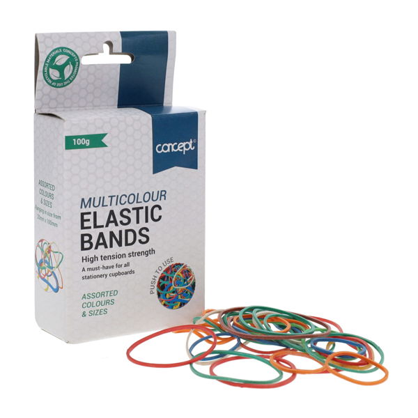 Concept Assorted Colours & Sizes Elastic Bands - 100g