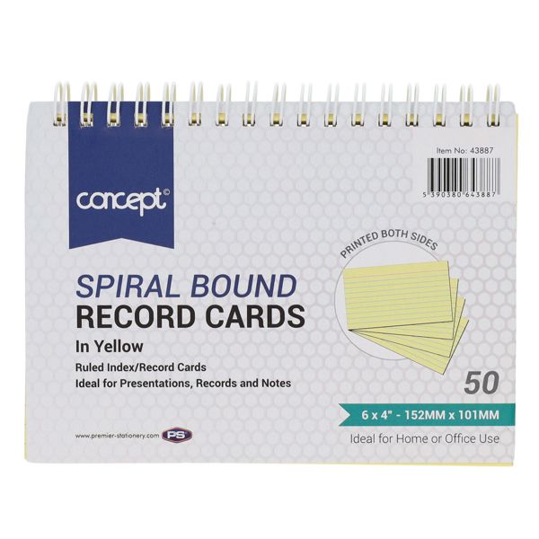 Concept Spiral Bound Record Cards 6x4- Yellow- 50pk